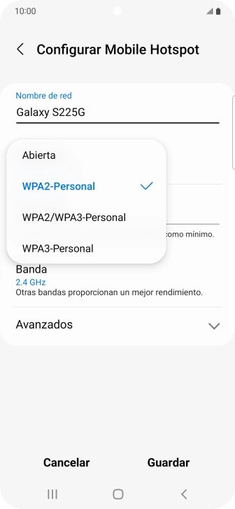 Pulsa WPA3-Personal para proteger la conexión wifi con una contraseña.