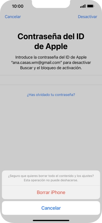 Introduce la contraseña de tu ID de Apple y pulsa Borrar iPhone. Espera unos instantes mientras el teléfono restablece la configuración predeterminada. Sigue las indicaciones de la pantalla para configurar el teléfono y dejarlo listo para su uso.