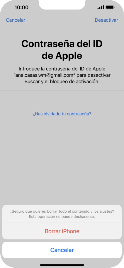 Introduce la contraseña de tu ID de Apple y pulsa Borrar iPhone. Espera unos instantes mientras el teléfono restablece la configuración predeterminada. Sigue las indicaciones de la pantalla para configurar el teléfono y dejarlo listo para su uso.