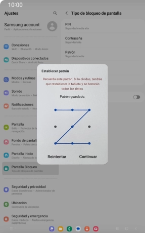 Desliza el dedo por la pantalla para unir por lo menos cuatro puntos y pulsa Continuar.