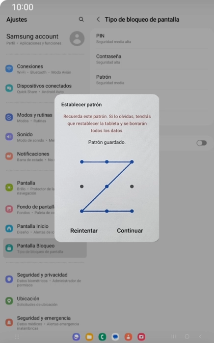 Desliza el dedo por la pantalla para unir por lo menos cuatro puntos y pulsa Continuar.