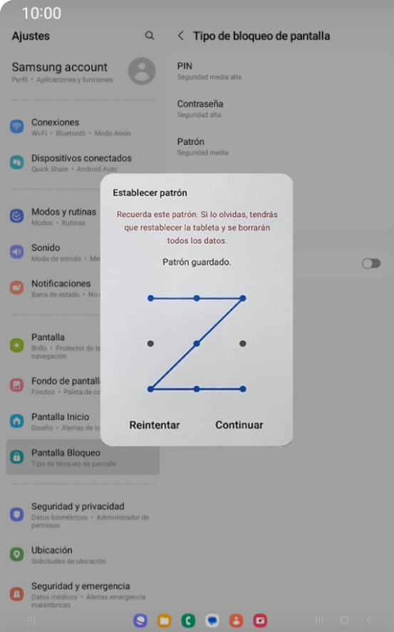 Desliza el dedo por la pantalla para unir por lo menos cuatro puntos y pulsa Continuar.