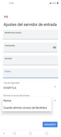 Pulsa Nunca para conservar los correos electrónicos en el servidor cuando los borras del teléfono.