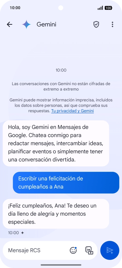 La propuesta de texto de Gemini se visualiza ahora en la pantalla.