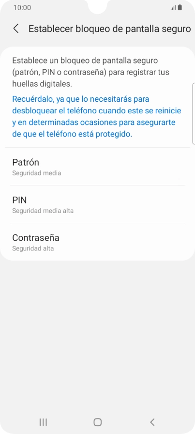 Pulsa el código de seguridad deseado y sigue las indicaciones de la pantalla para crear un código de seguridad del teléfono adicional.