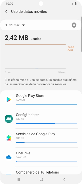 El consumo de datos por cada aplicación aparece bajo el nombre de la aplicación.