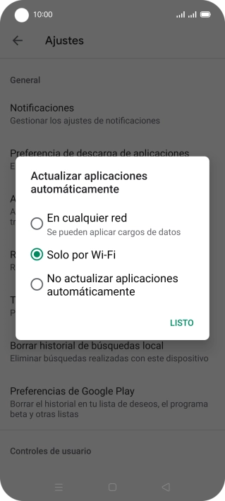 Para activar la actualización automática de apps utilizando la red móvil, pulsa En cualquier red.
