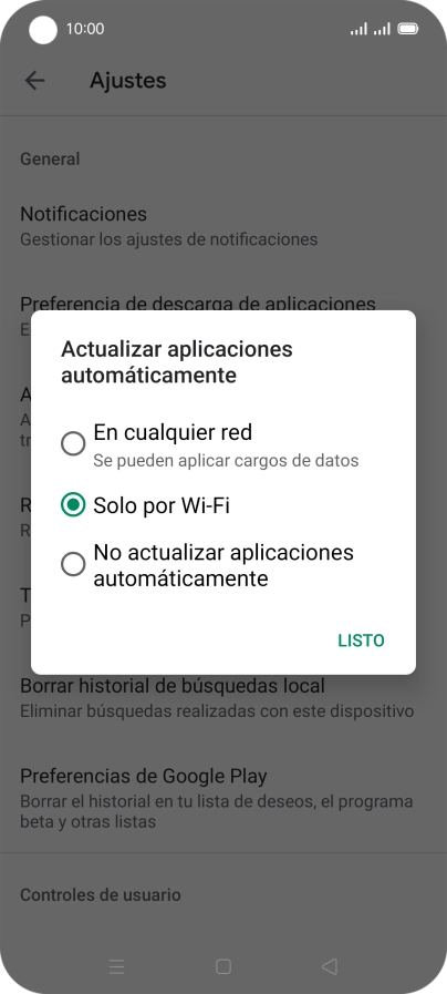 Para activar la actualización automática de apps utilizando la red móvil, pulsa En cualquier red.