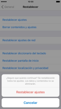 Pulsa Restablecer ajustes. Espera unos instantes mientras el teléfono restablece la configuración predeterminada. 
Sigue las indicaciones de la pantalla para configurar el teléfono y dejarlo listo para su uso.