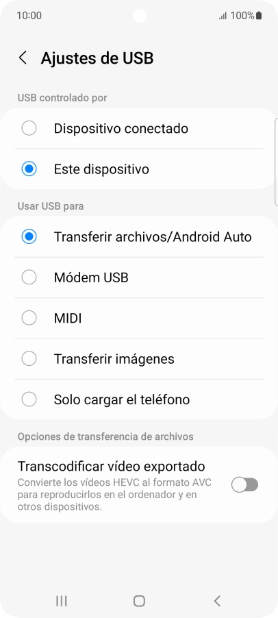 Pulsa Transferir archivos/Android Auto.
