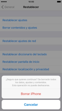 Pulsa Borrar iPhone. Espera unos instantes mientras el teléfono restablece la configuración predeterminada. 
Sigue las indicaciones de la pantalla para configurar el teléfono y dejarlo listo para su uso.