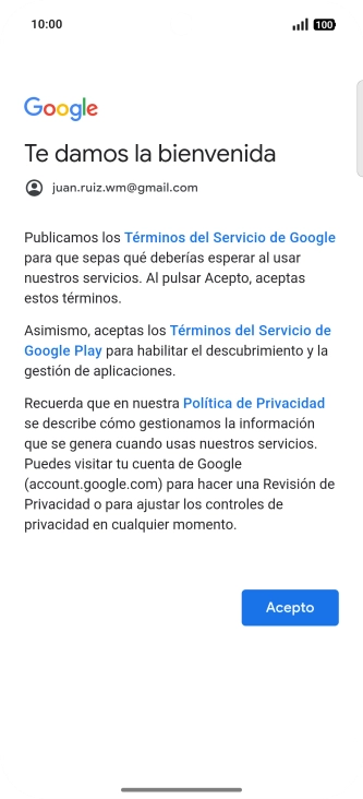 Pulsa Acepto y sigue las indicaciones de la pantalla para seleccionar los ajustes de tu cuenta de Google.