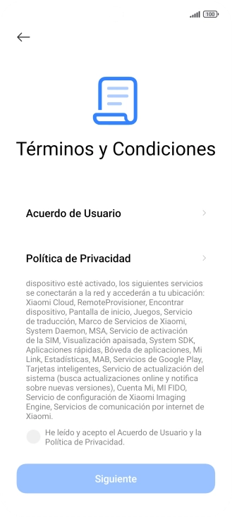 Pulsa en el campo  para aceptar los términos y condiciones.