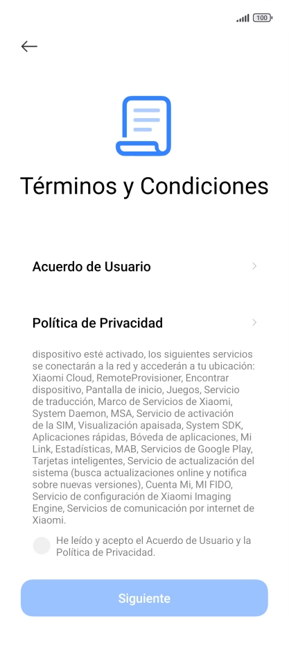 Pulsa en el campo  para aceptar los términos y condiciones.