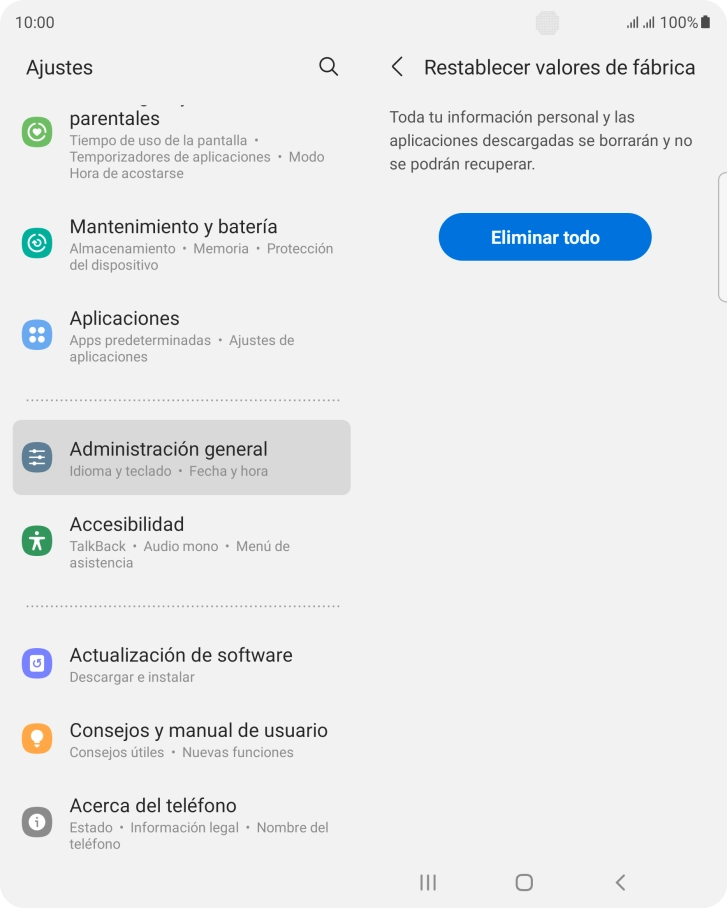 Pulsa Eliminar todo. Espera unos instantes mientras el teléfono restablece la configuración predeterminada. Sigue las indicaciones de la pantalla para configurar el teléfono y dejarlo listo para su uso.