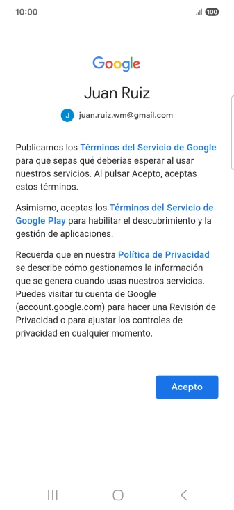 Pulsa Acepto y sigue las indicaciones de la pantalla para seleccionar los ajustes de tu cuenta de Google.