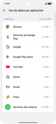 El consumo de datos por cada aplicación aparece bajo el nombre de la aplicación.