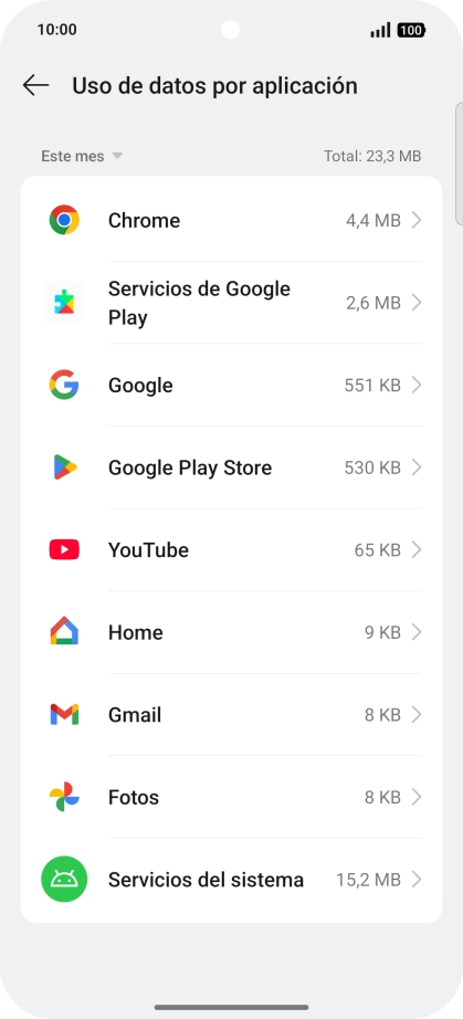 El consumo de datos por cada aplicación aparece bajo el nombre de la aplicación.