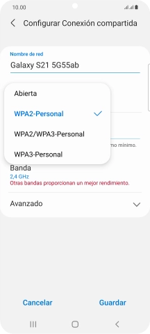 Pulsa WPA2-Personal para proteger la conexión Wi-Fi con una contraseña.