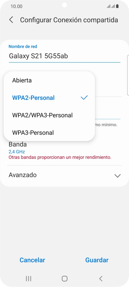 Pulsa WPA2-Personal para proteger la conexión Wi-Fi con una contraseña.
