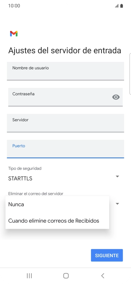Pulsa Nunca para conservar los correos electrónicos en el servidor cuando los borras del teléfono.