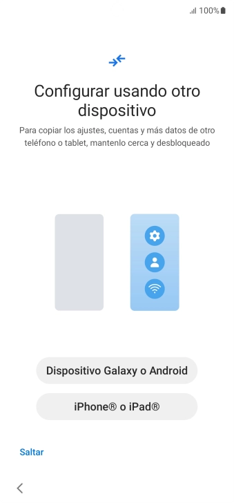 Pulsa la opción deseada para transferir contenido desde otro dispositivo y pulsa Saltar.