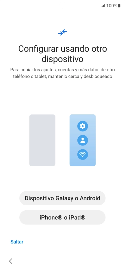 Pulsa la opción deseada para transferir contenido desde otro dispositivo y pulsa Saltar.