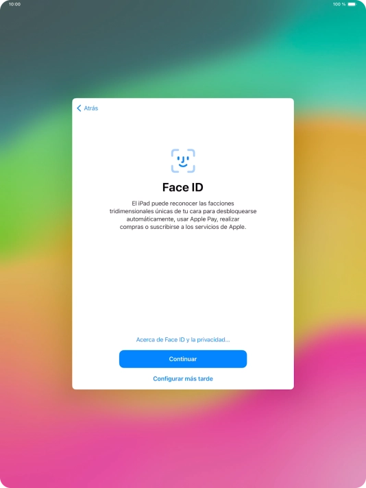 Sigue las indicaciones de la pantalla para activar el uso del reconocimiento facial (Face ID) o pulsa Configurar más tarde.