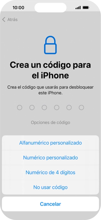 Sigue las indicaciones de la pantalla para activar el uso del código de seguridad o pulsa No usar código.