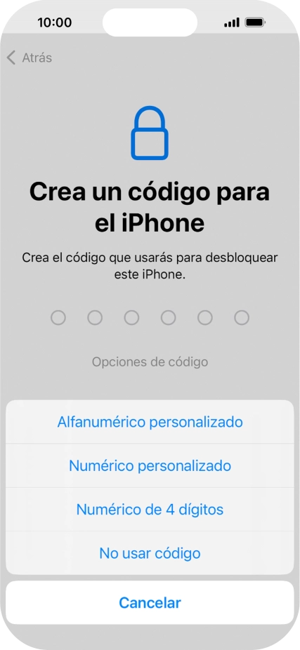 Sigue las indicaciones de la pantalla para activar el uso del código de seguridad o pulsa No usar código.