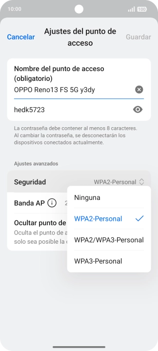 Pulsa WPA3-Personal para proteger la conexión wifi con una contraseña.