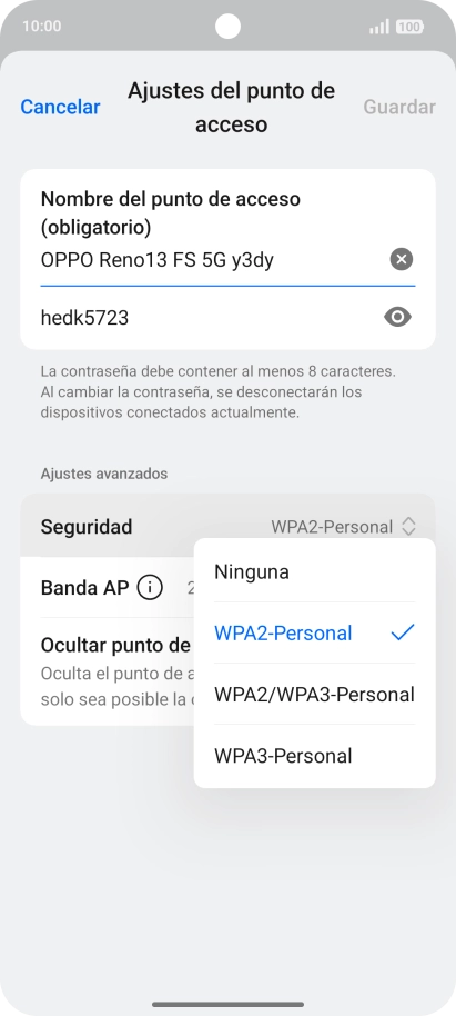 Pulsa WPA3-Personal para proteger la conexión wifi con una contraseña.