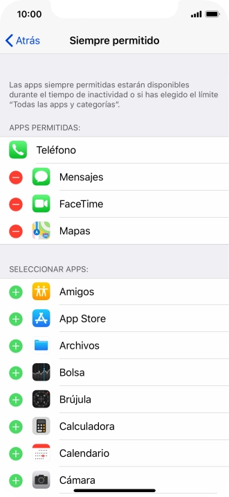 Pulsa el icono de añadir junto a la app deseada para añadirla a la lista de apps permitidas bajo el tiempo de inactividad de pantalla.