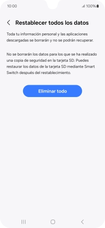 Pulsa Eliminar todo. Espera unos instantes mientras el teléfono restablece la configuración predeterminada. Sigue las indicaciones de la pantalla para configurar el teléfono y dejarlo listo para su uso.