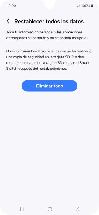 Pulsa Eliminar todo. Espera unos instantes mientras el teléfono restablece la configuración predeterminada. Sigue las indicaciones de la pantalla para configurar el teléfono y dejarlo listo para su uso.