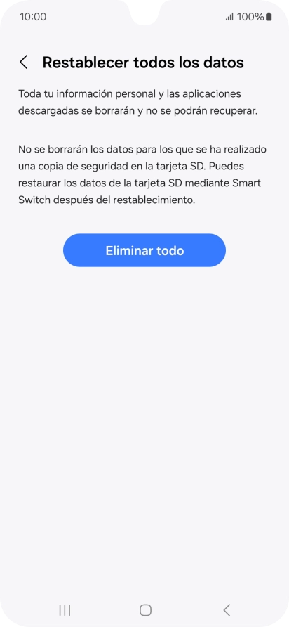 Pulsa Eliminar todo. Espera unos instantes mientras el teléfono restablece la configuración predeterminada. Sigue las indicaciones de la pantalla para configurar el teléfono y dejarlo listo para su uso.