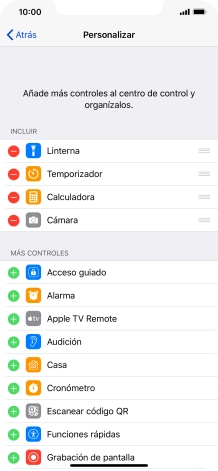 Pulsa el icono de eliminar junto a la función deseada para eliminarla del Centro de control.