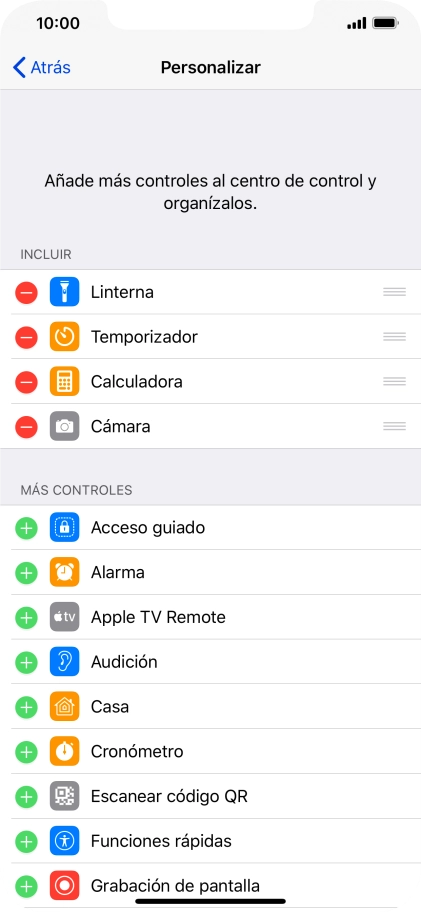 Pulsa el icono de eliminar junto a la función deseada para eliminarla del Centro de control.