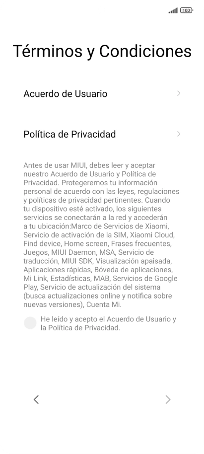 Pulsa en el campo  para aceptar los términos y condiciones.