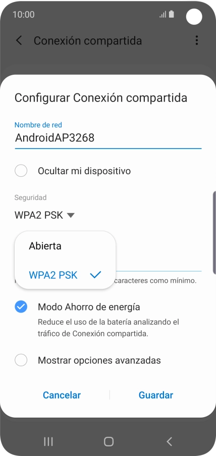 Pulsa WPA2 PSK para proteger la conexión wifi con una contraseña.