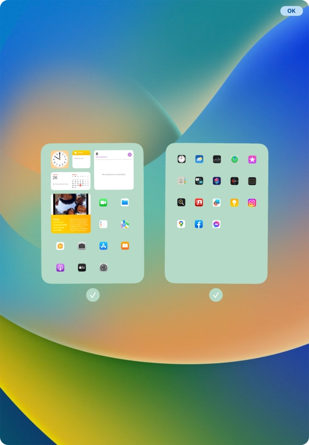 Pulsa en los campos bajo las páginas deseadas de la pantalla de inicio para activar o desactivar la visualización de páginas.