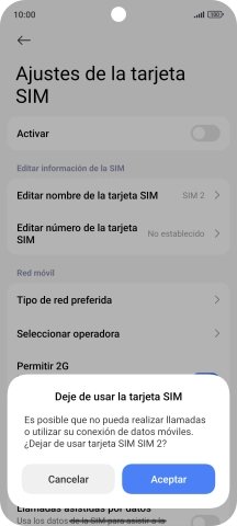 Si deseas desactivar el uso de la línea móvil (SIM), pulsa Aceptar.