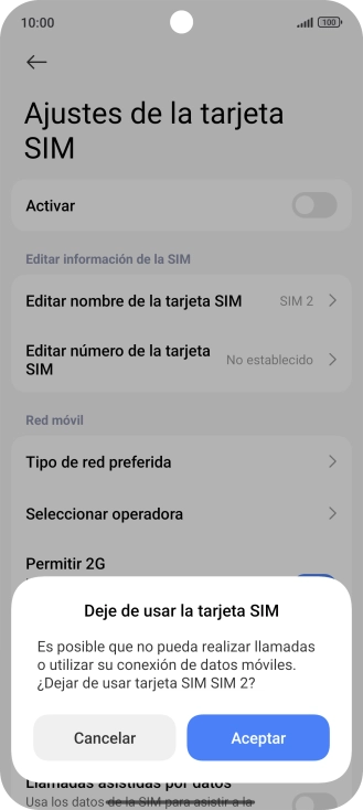 Si deseas desactivar el uso de la línea móvil (SIM), pulsa Aceptar.