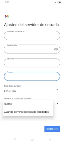 Pulsa Nunca para conservar los correos electrónicos en el servidor cuando los borras del teléfono.