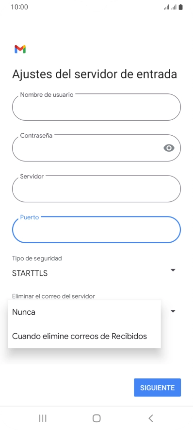 Pulsa Nunca para conservar los correos electrónicos en el servidor cuando los borras del teléfono.