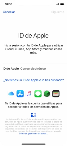Si no tienes un ID de Apple, pulsa ¿No tienes un ID de Apple o lo has olvidado? y sigue las indicaciones de la pantalla para ver cómo crear un ID de Apple.