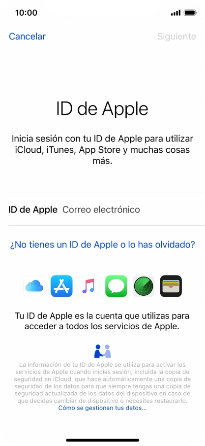 Si no tienes un ID de Apple, pulsa ¿No tienes un ID de Apple o lo has olvidado? y sigue las indicaciones de la pantalla para ver cómo crear un ID de Apple.
