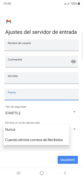 Pulsa Nunca para conservar los correos electrónicos en el servidor cuando los borras del teléfono.