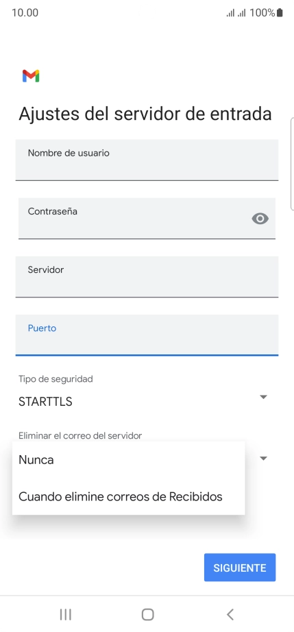 Pulsa Nunca para conservar los correos electrónicos en el servidor cuando los borras del teléfono.