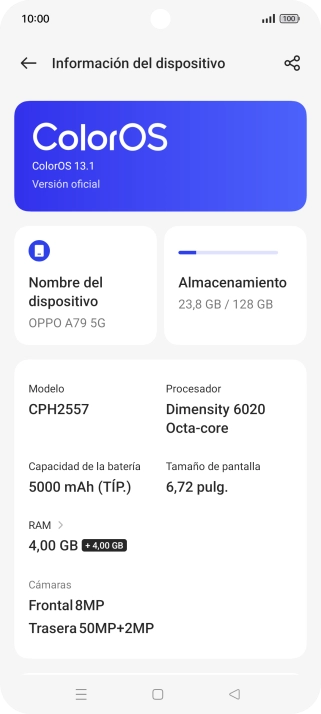 Pulsa ColorOS. Si hay una versión de software nueva disponible, aparecerá ahora en la pantalla. Sigue las indicaciones de la pantalla para actualizar el software del teléfono.